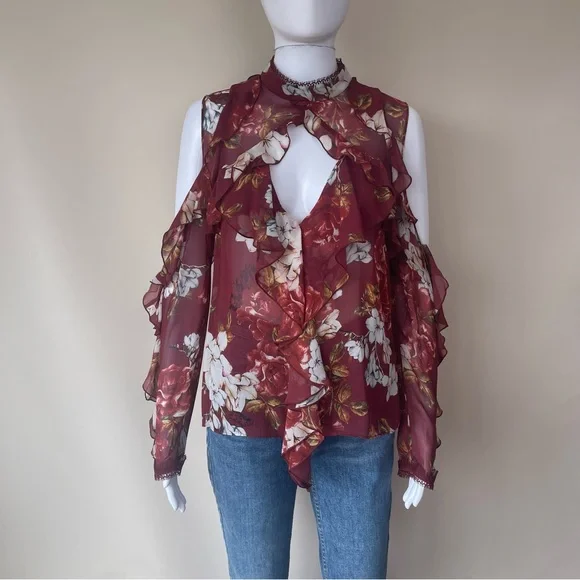 NWT NICHOLAS Floral Print Ruffle Cold Shoulder Silk Blouse - Picture 9 of 13